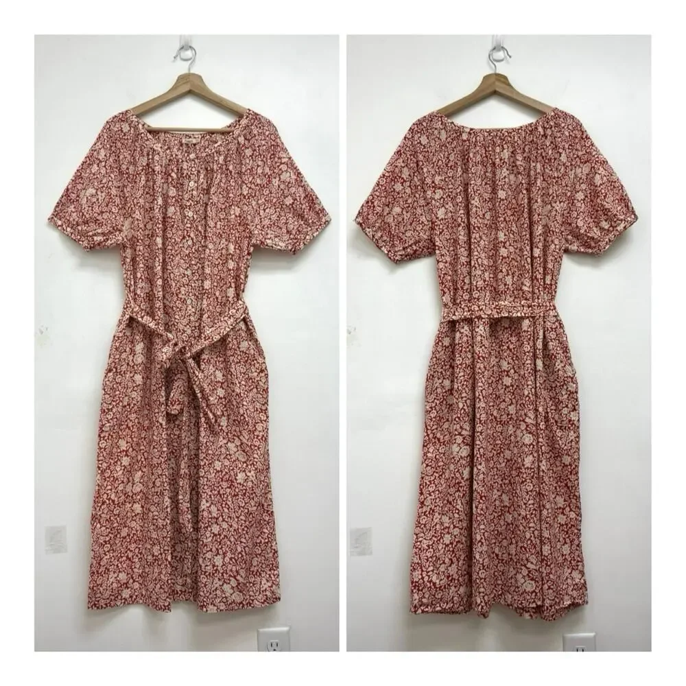 Faherty Carmel Floral Print Organic Cotton Midi Belted Flowy Shirtdress - Medium - Picture 2 of 15